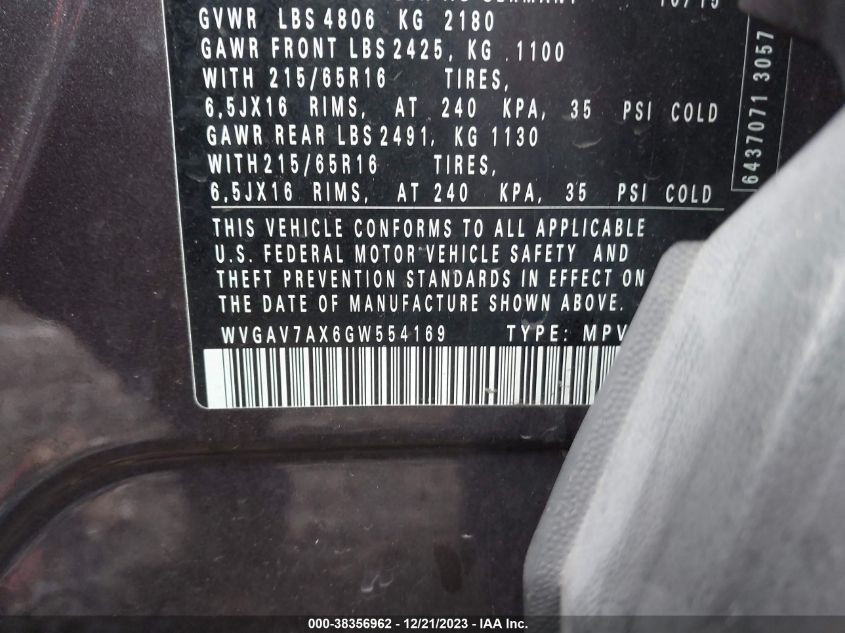 2016 VOLKSWAGEN TIGUAN S/SE/SEL/R-LINE - WVGAV7AX6GW554169