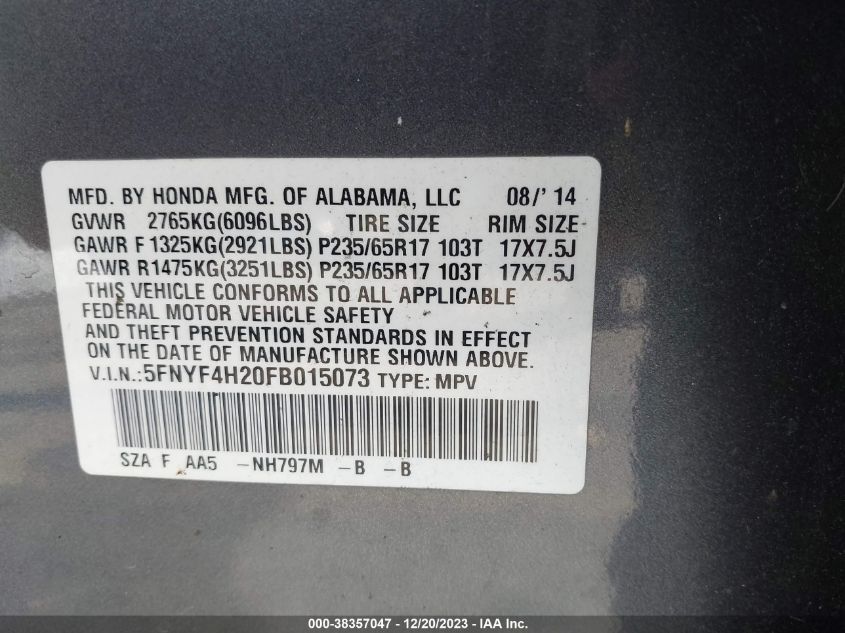 2015 HONDA PILOT LX - 5FNYF4H20FB015073