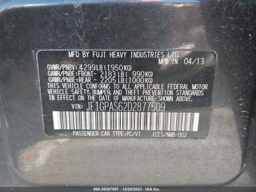 2013 SUBARU IMPREZA 2.0I SPORT LIMITED - JF1GPAS62D2877509