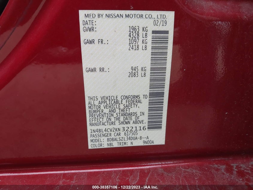 VIN 1N4BL4CV2KN322116 2019 NISSAN ALTIMA SR