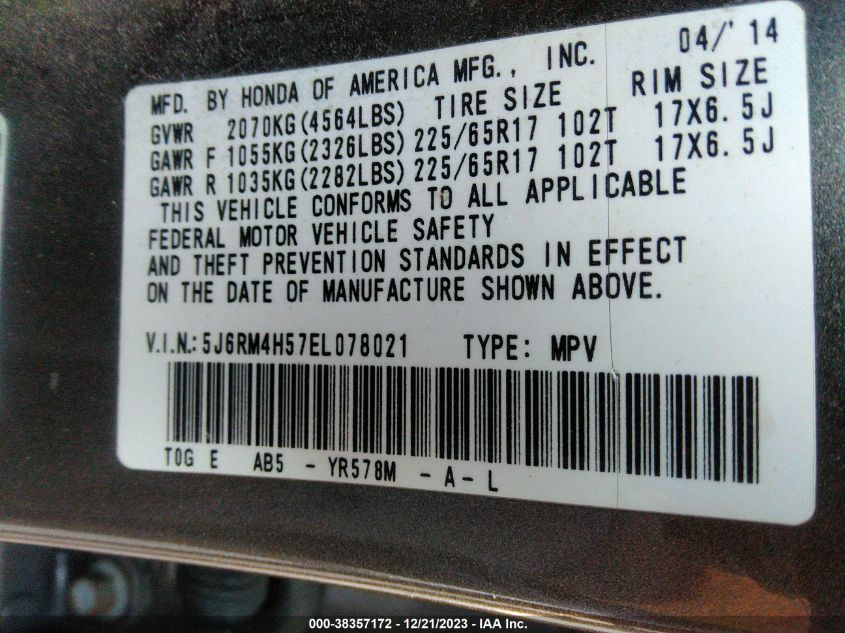 2014 HONDA CR-V EX - 5J6RM4H57EL078021