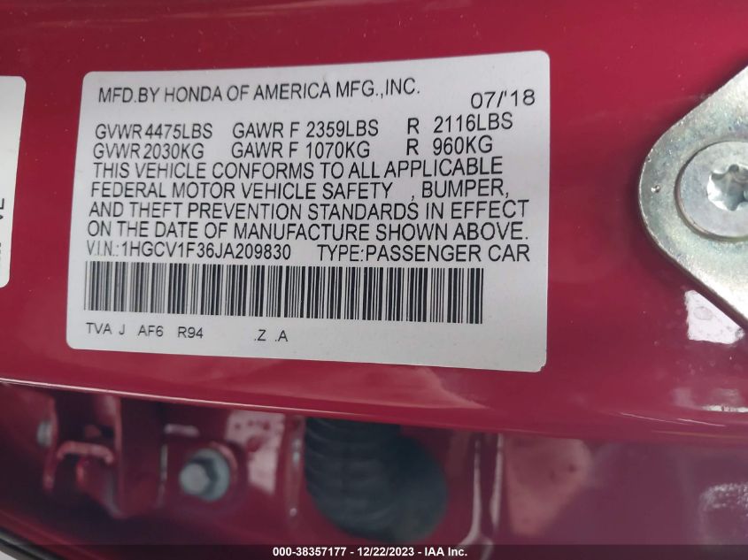 2018 HONDA ACCORD SPORT - 1HGCV1F36JA209830