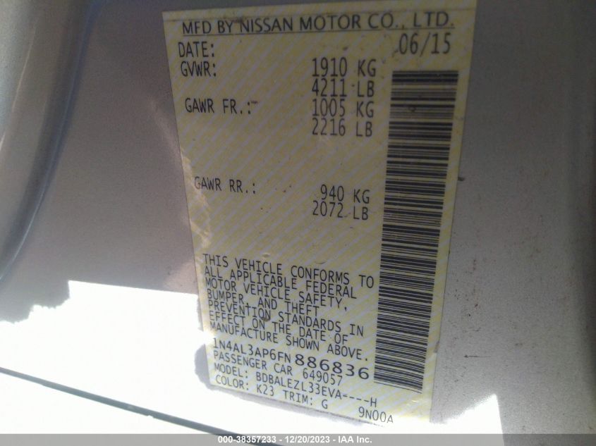 2015 NISSAN ALTIMA 2.5 S - 1N4AL3AP6FN886836