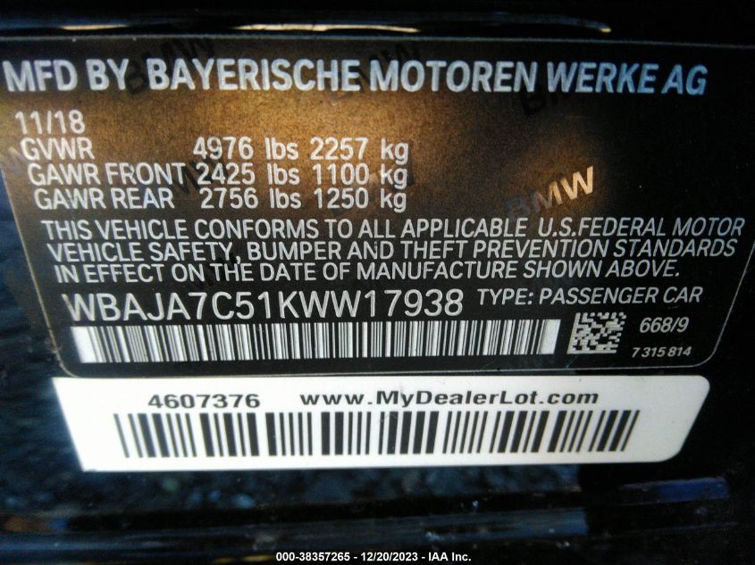 2019 BMW 530I XDRIVE - WBAJA7C51KWW17938
