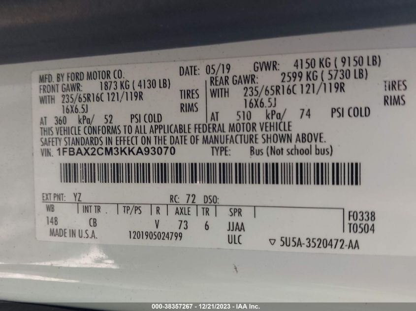 2019 FORD TRANSIT-350 XLT 1FBAX2CM3KKA93070