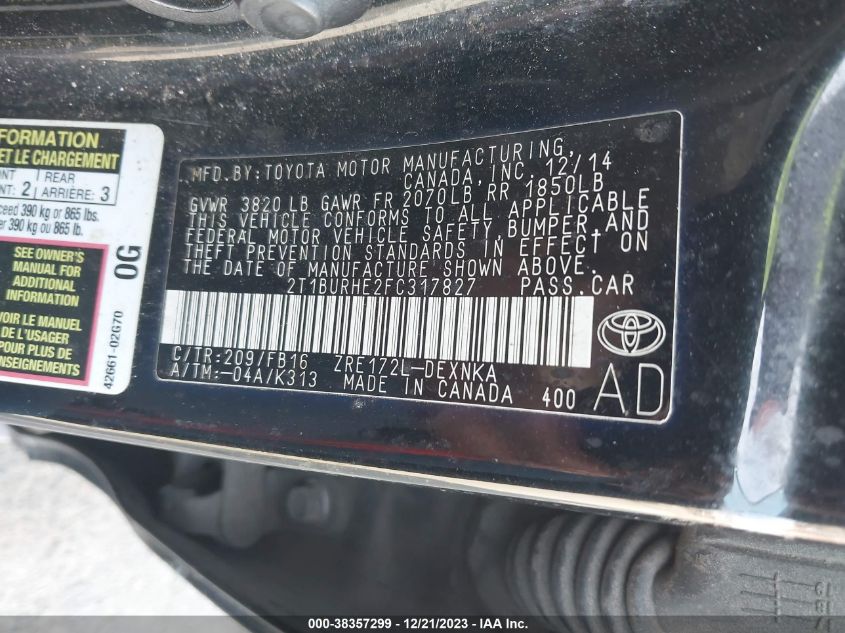 2015 TOYOTA COROLLA L/LE/LE PLS/PRM/S/S PLS - 2T1BURHE2FC317827