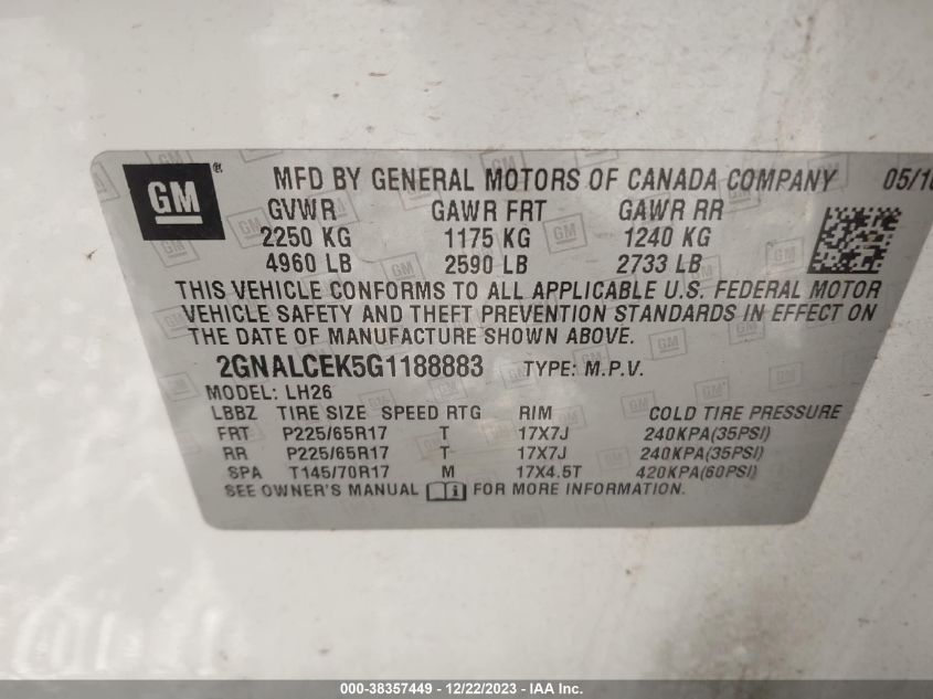 2016 CHEVROLET EQUINOX LT - 2GNALCEK5G1188883