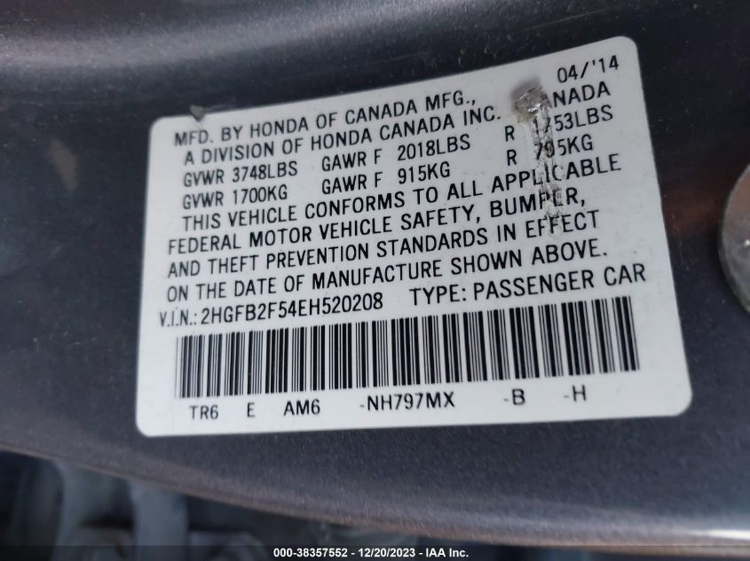 2014 HONDA CIVIC LX - 2HGFB2F54EH520208