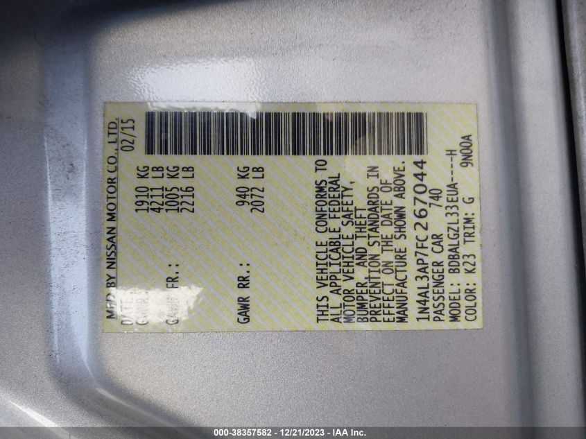 2015 NISSAN ALTIMA 2.5 S - 1N4AL3AP7FC267044