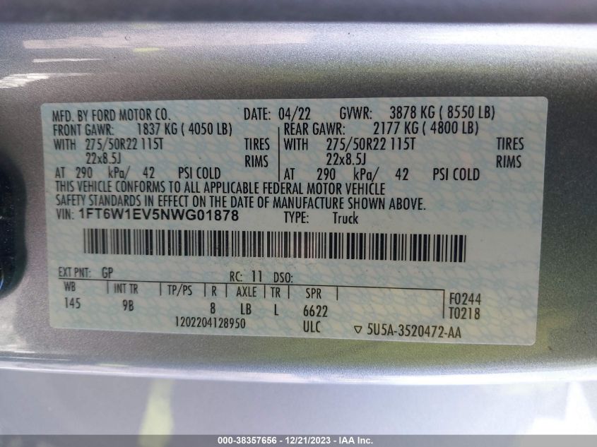 2022 FORD F-150 LIGHTNING PLATINUM 1FT6W1EV5NWG01878