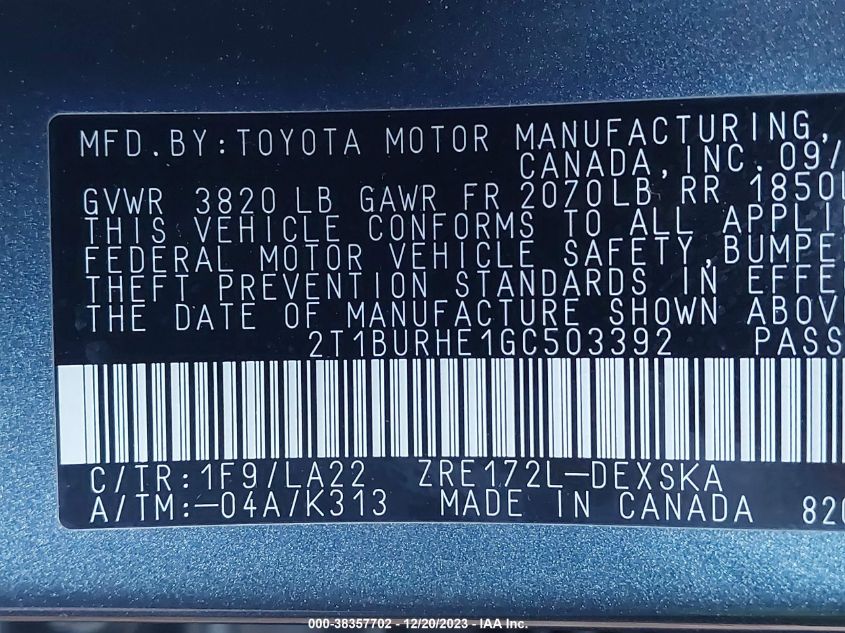 2016 TOYOTA COROLLA S PREMIUM - 2T1BURHE1GC503392