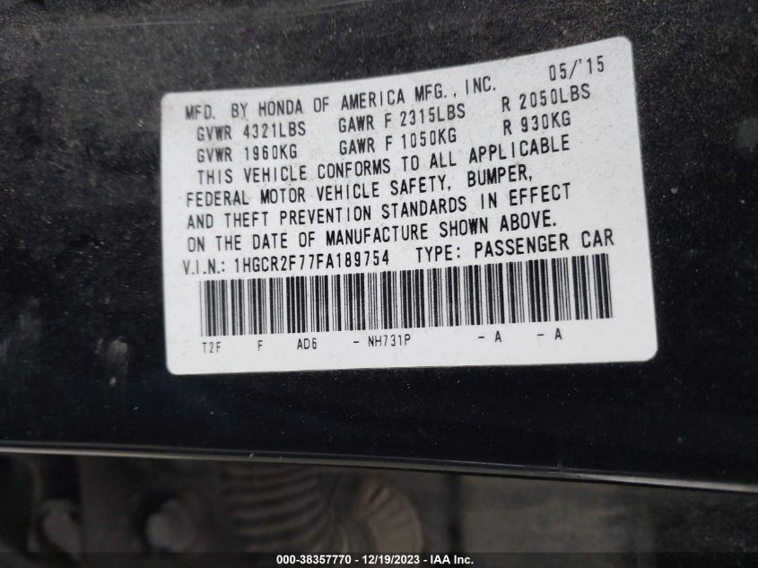 2015 HONDA ACCORD EX - 1HGCR2F77FA189754