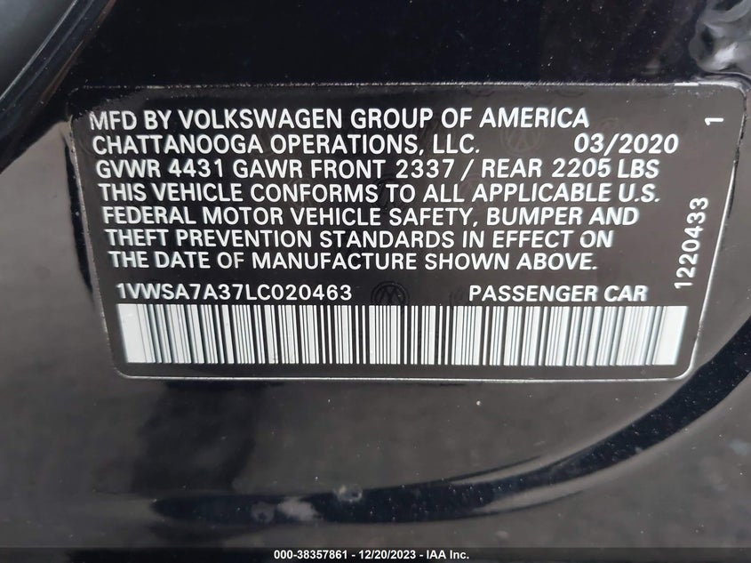 VIN 1VWSA7A37LC020463 2020 VOLKSWAGEN PASSAT SE
