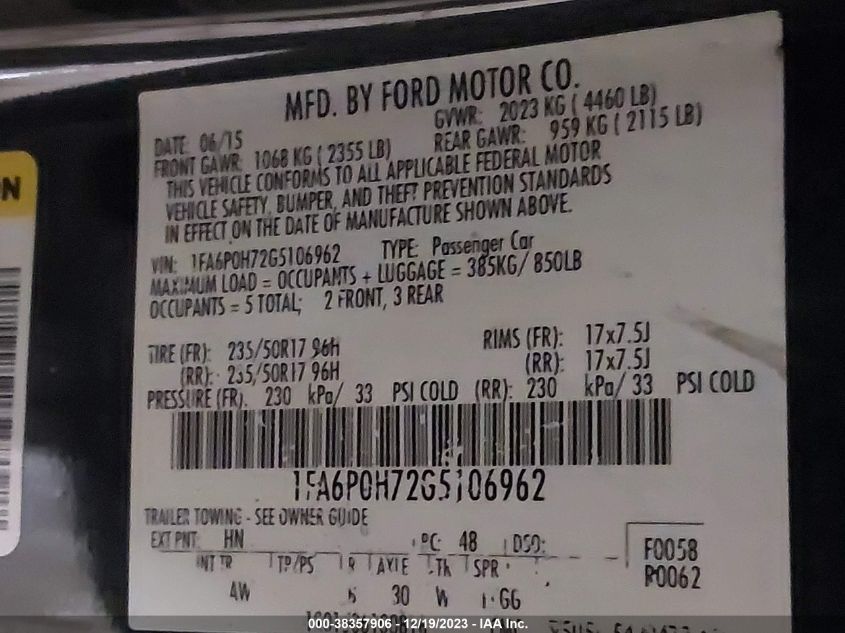 2016 FORD FUSION SE - 1FA6P0H72G5106962