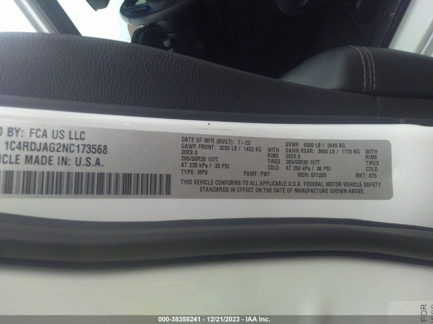 2022 DODGE DURANGO SXT - 1C4RDJAG2NC173568