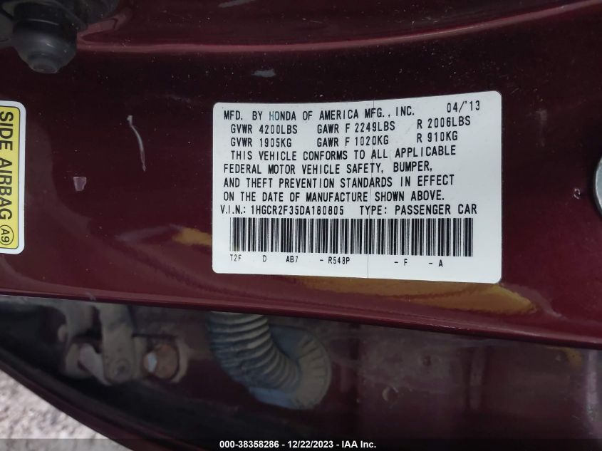 2013 HONDA ACCORD LX - 1HGCR2F35DA180805