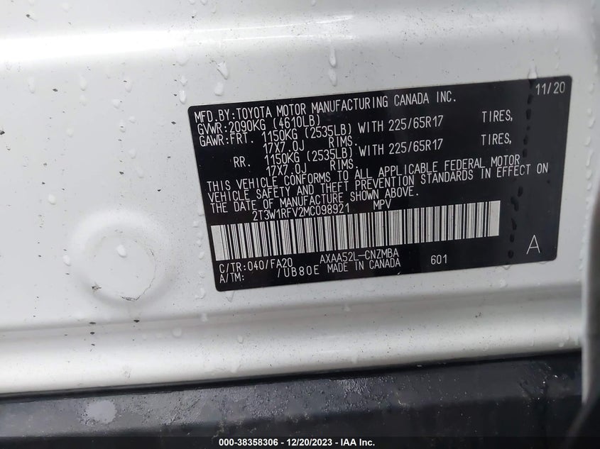 VIN 2T3W1RFV2MC098921 2021 TOYOTA RAV4 XLE/XLE PREMIUM