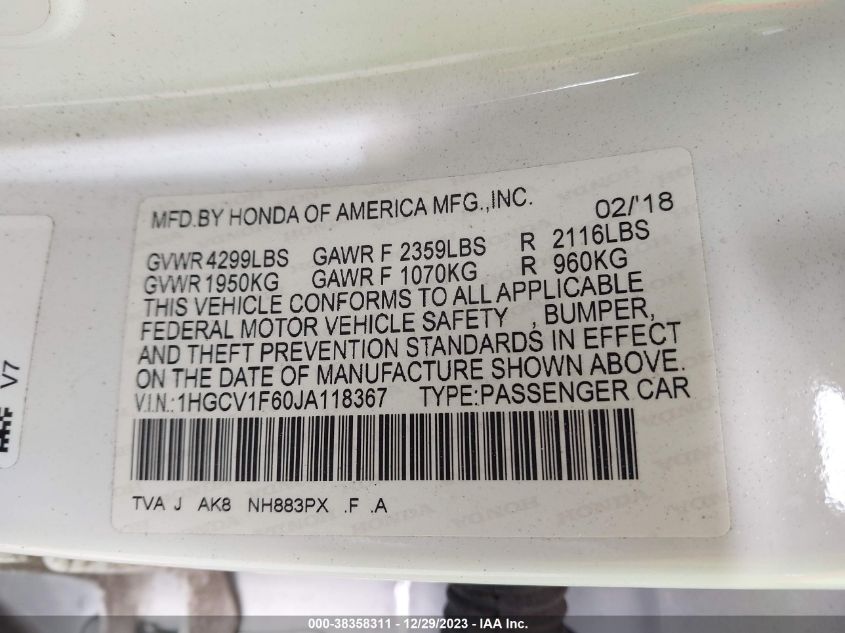 2018 HONDA ACCORD EX-L - 1HGCV1F60JA118367