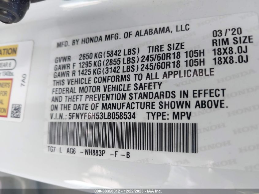 2020 HONDA PILOT EXL - 5FNYF6H53LB058534