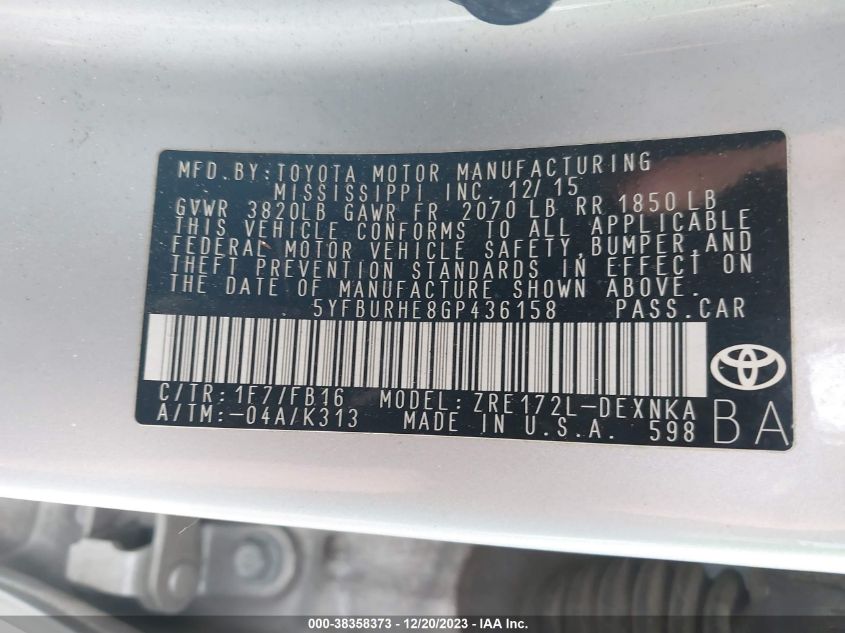 2016 TOYOTA COROLLA LE - 5YFBURHE8GP436158