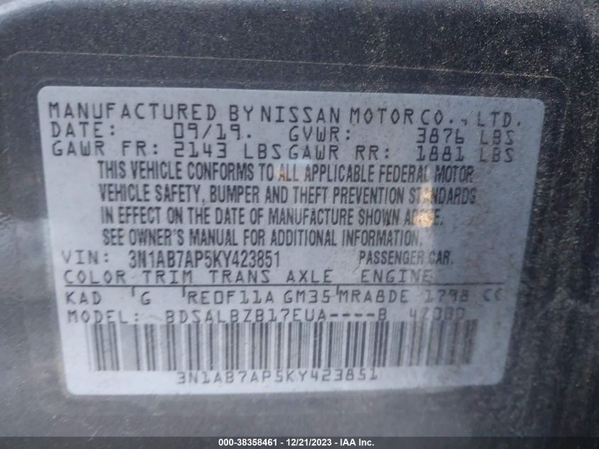 VIN 3N1AB7AP5KY423851 2019 NISSAN SENTRA S/SV/SR/SL