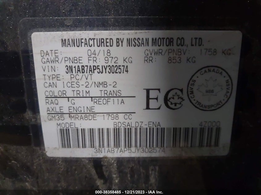 VIN 3N1AB7AP5JY302574 2018 NISSAN SENTRA S/SV/SR/SL