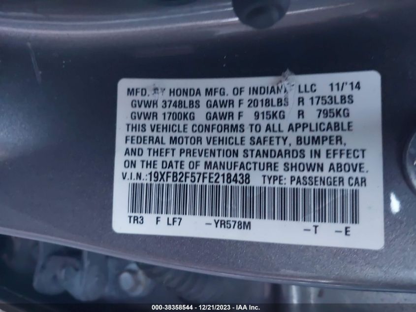 2015 HONDA CIVIC LX - 19XFB2F57FE218438