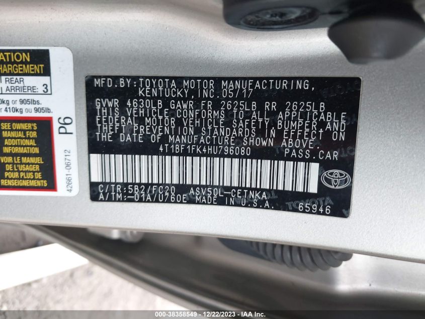 2017 TOYOTA CAMRY LE/XLE/SE/XSE - 4T1BF1FK4HU796080