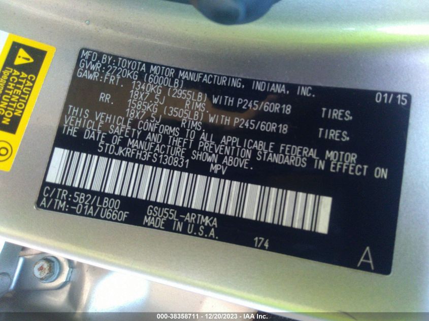 2015 TOYOTA HIGHLANDER XLE V6 - 5TDJKRFH3FS130831