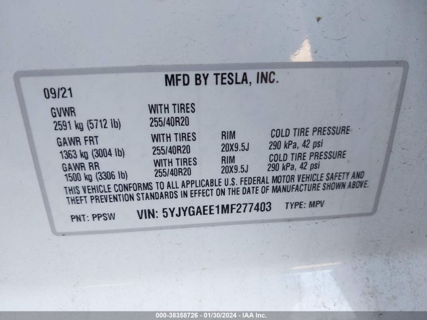 2021 TESLA MODEL Y - 5YJYGAEE1MF277403