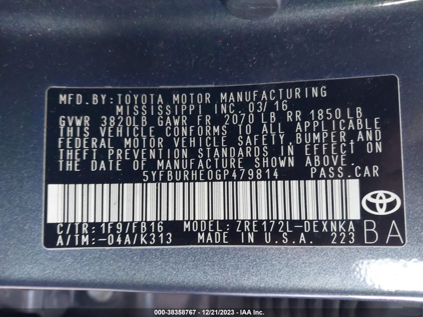 2016 TOYOTA COROLLA L/LE/LE PLS/PRM/S/S PLS - 5YFBURHE0GP479814