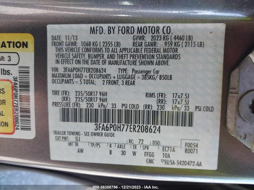 2014 FORD FUSION SE - 3FA6P0H77ER208624