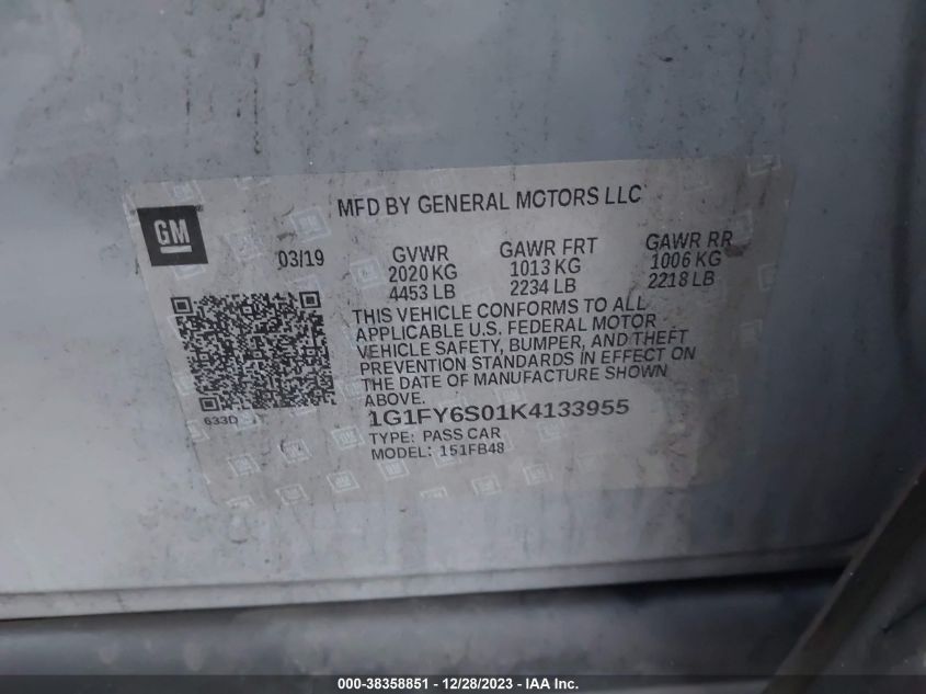 2019 CHEVROLET BOLT EV LT - 1G1FY6S01K4133955
