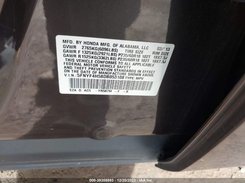2013 HONDA PILOT EX-L - 5FNYF4H58DB053108