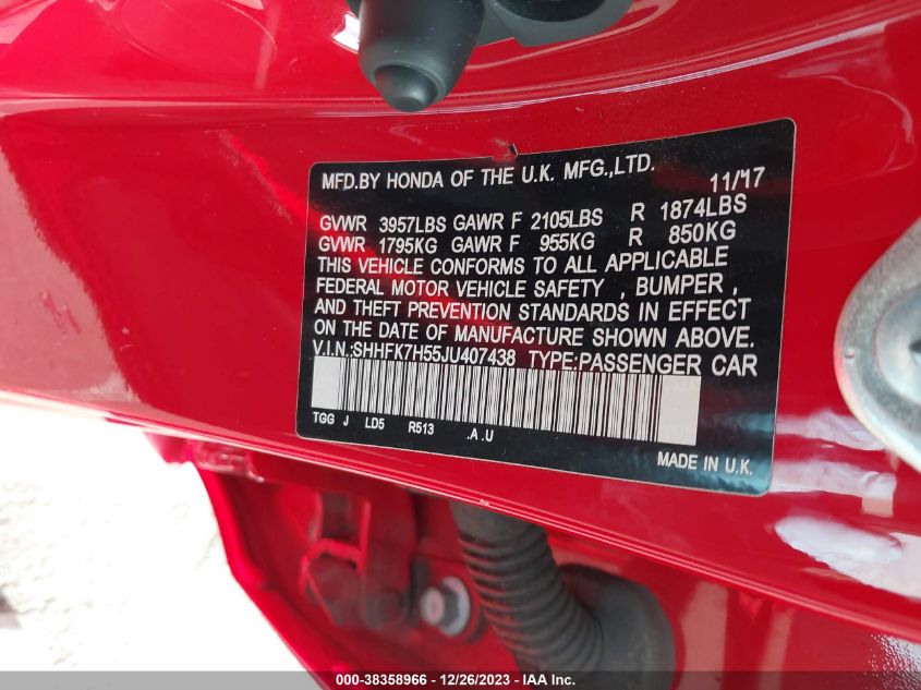 2018 HONDA CIVIC EX - SHHFK7H55JU407438