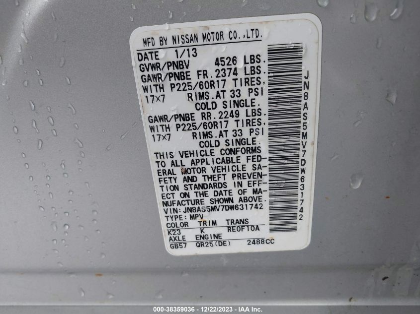 2013 NISSAN ROGUE S/SV - JN8AS5MV7DW631742