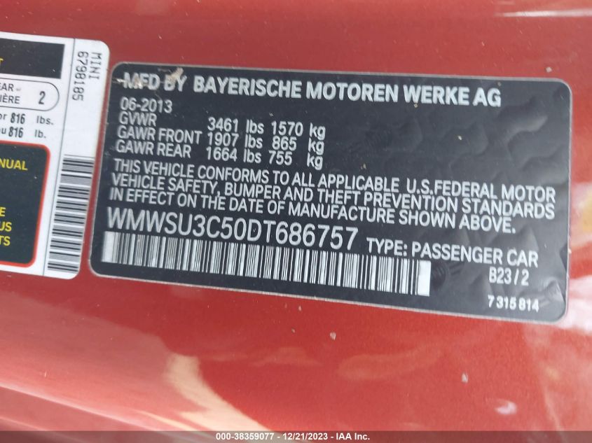 2013 MINI HARDTOP COOPER - WMWSU3C50DT686757