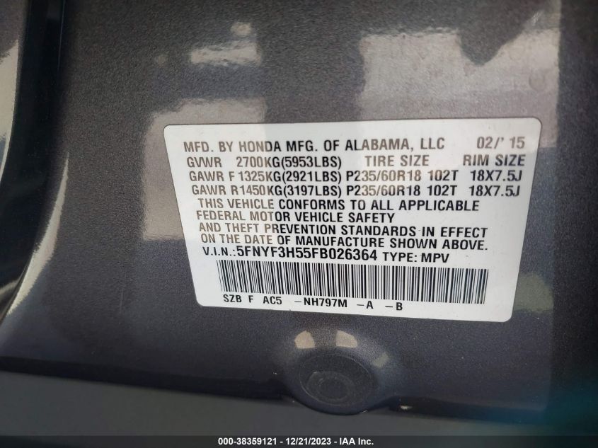 2015 HONDA PILOT EXL - 5FNYF3H55FB026364