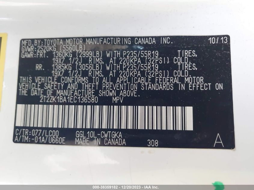 2014 LEXUS RX 350 - 2T2ZK1BA1EC136580