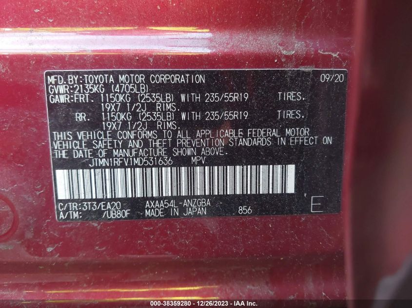 2021 TOYOTA RAV4 LIMITED - JTMN1RFV1MD531636