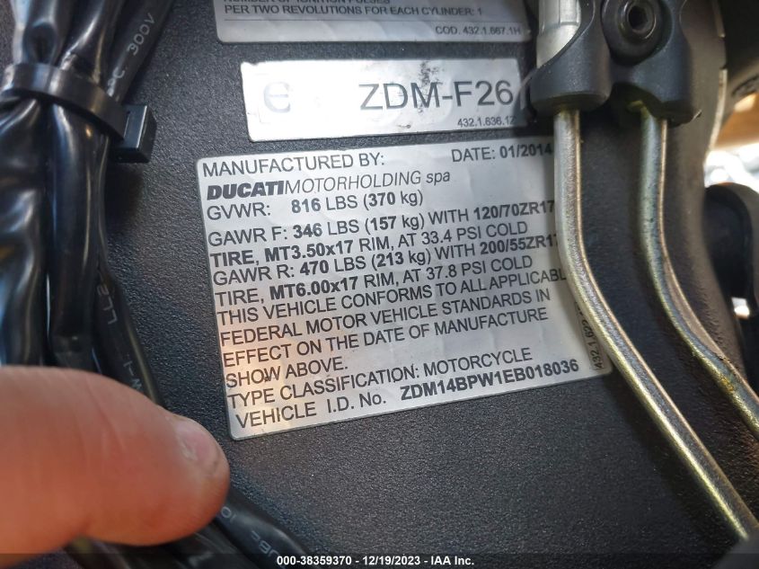 2014 DUCATI SUPERBIKE 1199 PANIGALE/S ZDM14BPW1EB018036