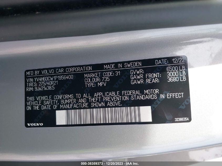 2023 VOLVO XC90 RECHARGE PLUG-IN HYBRID T8 PLUS DARK THEME 7-SEATER YV4H60CW1P1956400
