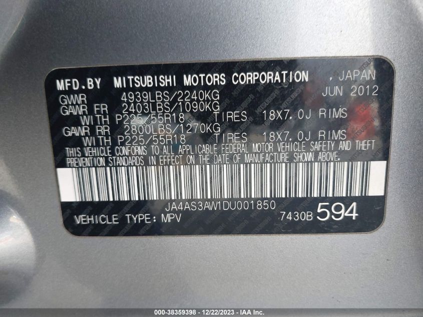 2013 MITSUBISHI OUTLANDER SE - JA4AS3AW1DU001850