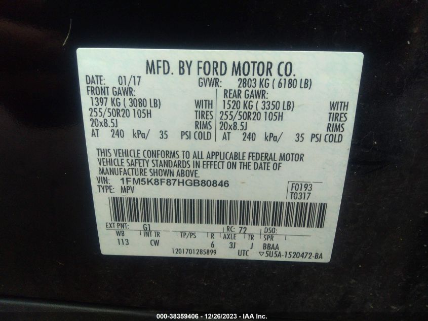2017 FORD EXPLORER LIMITED - 1FM5K8F87HGB80846