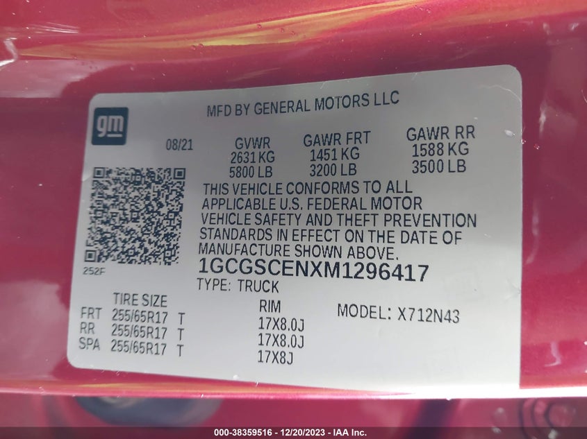 VIN 1GCGSCENXM1296417 2021 CHEVROLET COLORADO 2WD  SHORT BOX LT