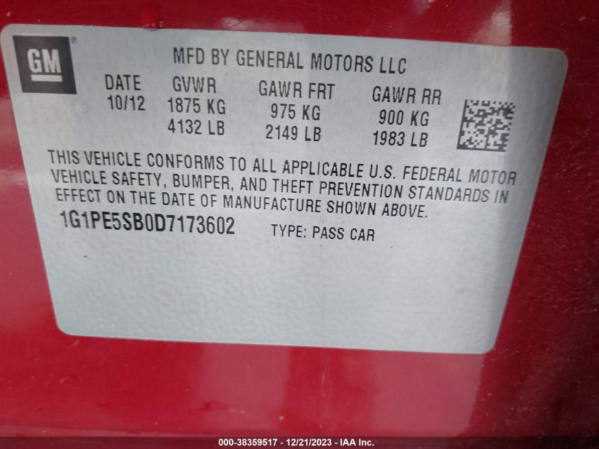 2013 CHEVROLET CRUZE 2LT AUTO - 1G1PE5SB0D7173602
