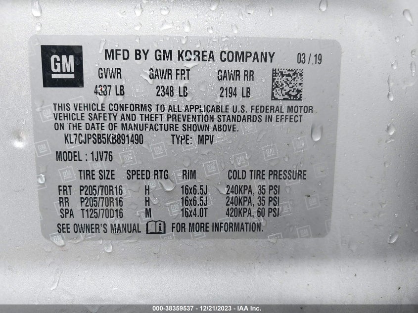 VIN KL7CJPSB5KB891490 2019 CHEVROLET TRAX LT