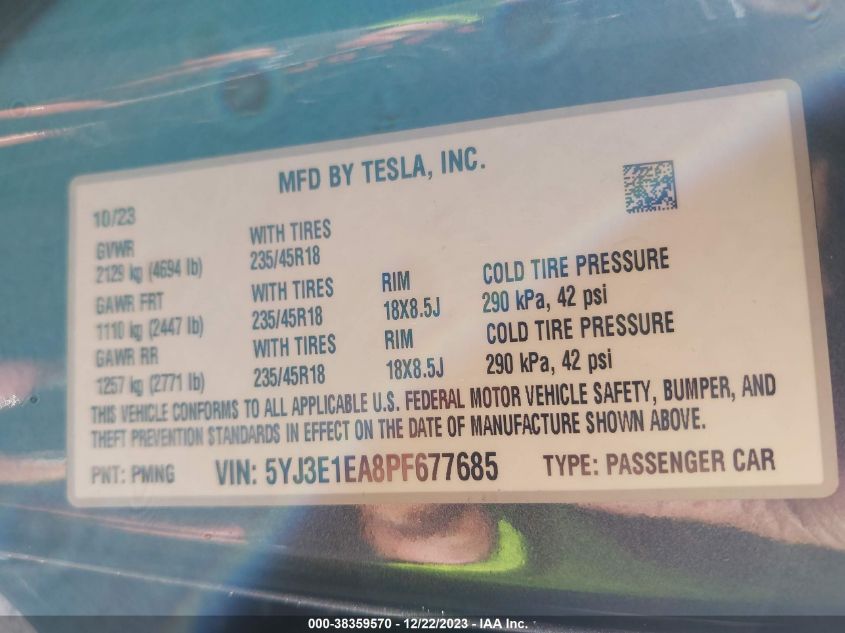 2023 TESLA MODEL 3 - 5YJ3E1EA8PF677685
