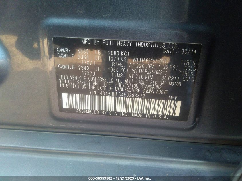 2014 SUBARU OUTBACK 2.5I LIMITED - 4S4BRBLC4E3293872