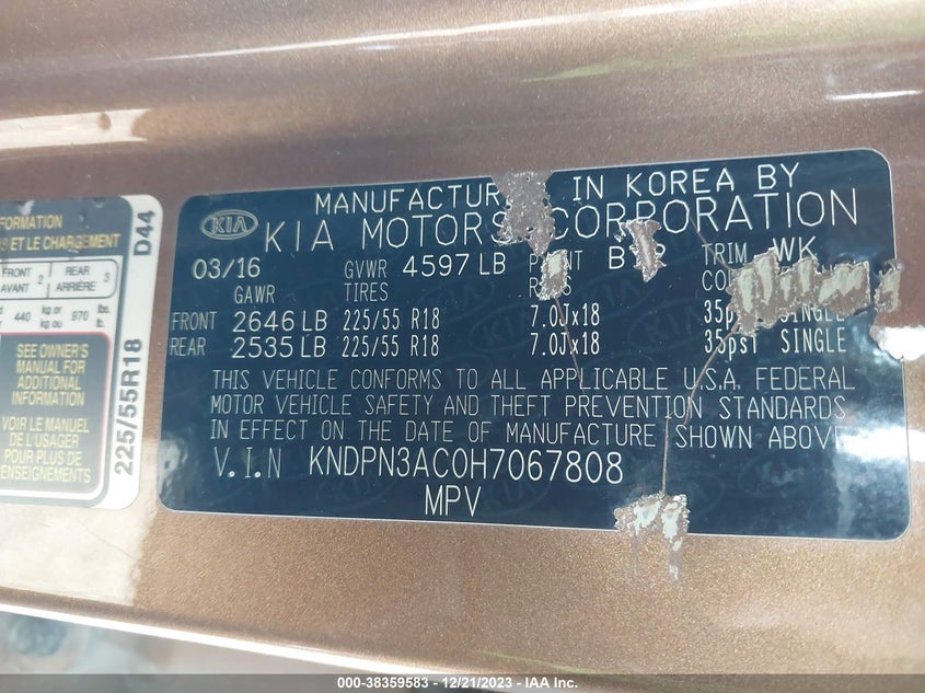 VIN KNDPN3AC0H7067808 2017 KIA SPORTAGE EX